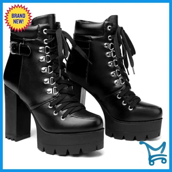 Chunky Heel Platform Ankle Boots Lace Up Suede Side Zipper Round Toe